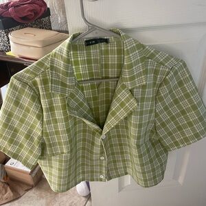 SHEIN Green and White Plaid Crop Button Up - Size M